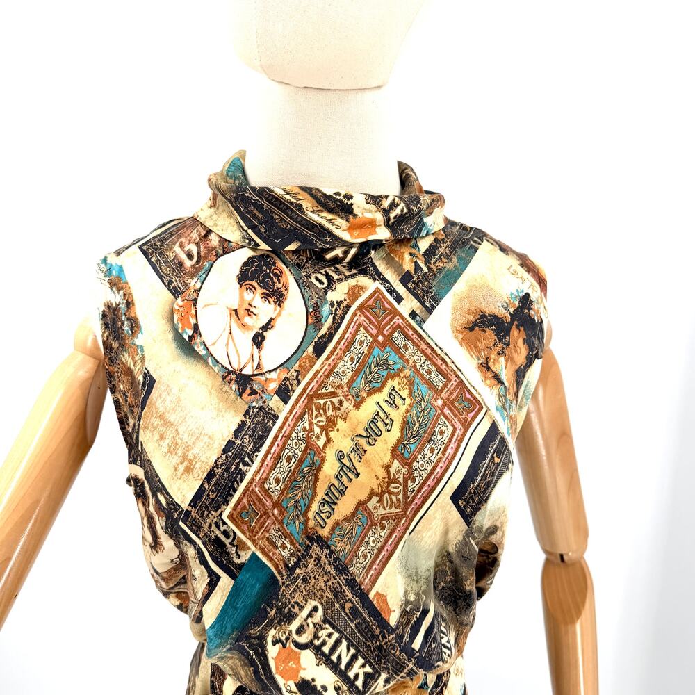Vintage Y2K Double D Ranch Brown 100% Silk Ephemera Print Blouse Skirt Set - Picture 2 of 11